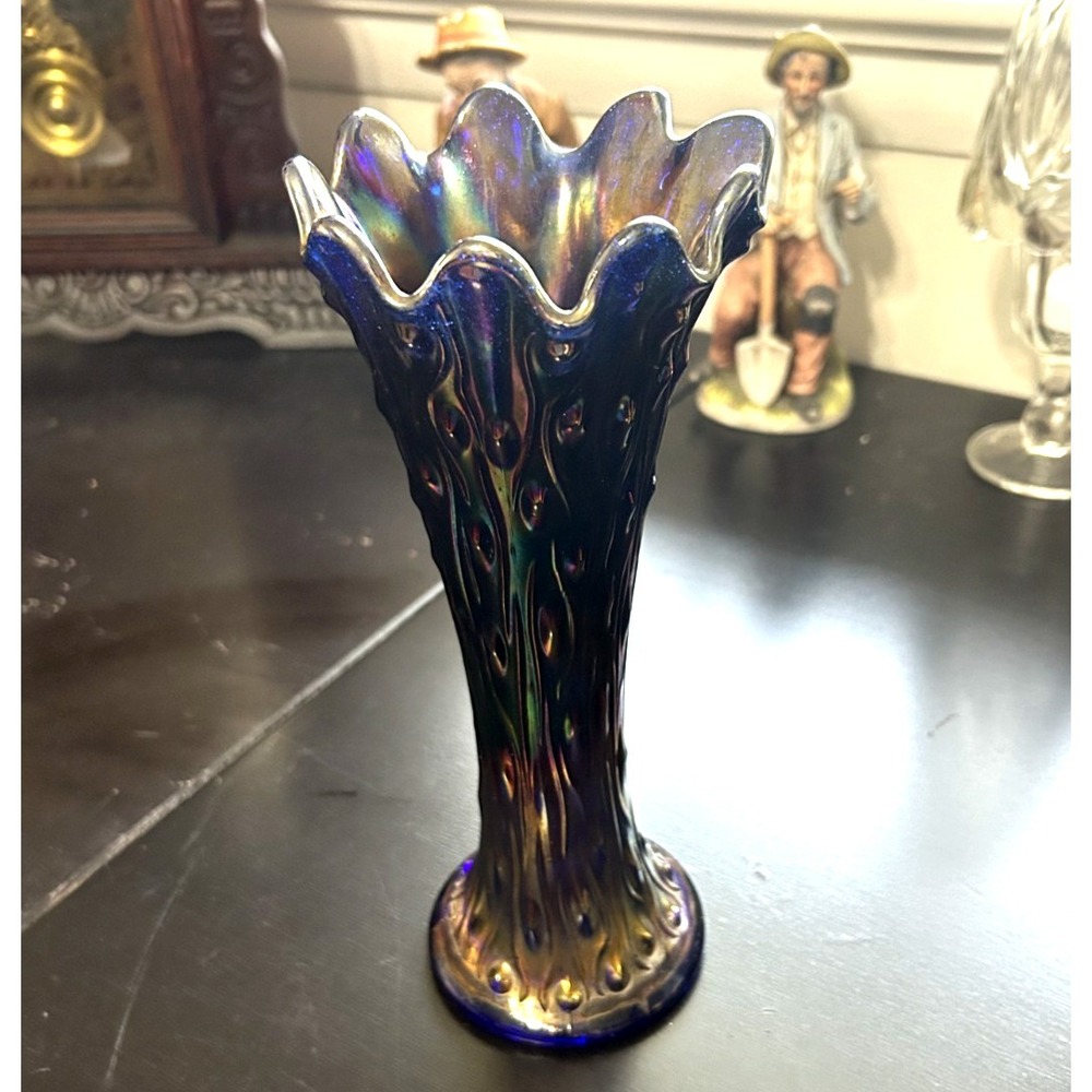 Northwood Tree Trunk Cobalt Blue Carnival Glass Swung Vase 9-3/4" Iridescent